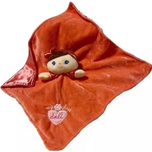 Baby Starters My First Doll Lovey Security Blanket Brown Hair Bow Doll‎ Coral